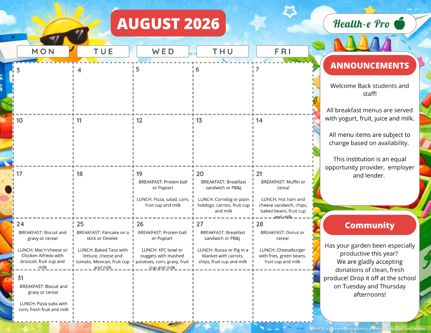 A menu for August 2026